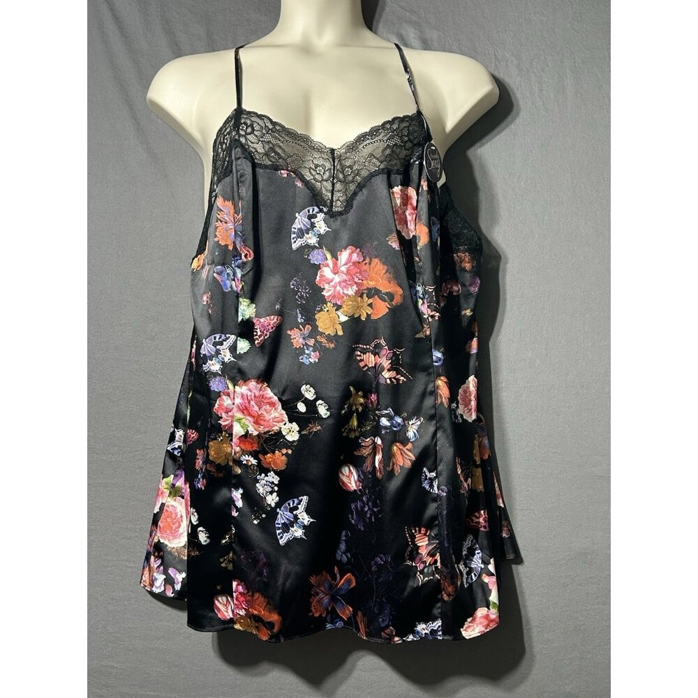 Cacique Chemise Slip Dress Sz 14/16 Black W/Floral Cottage Garden Deadstock